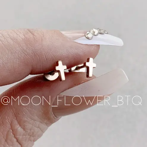 Tiny Rose Gold Cross Flat Back Earrings Pink
