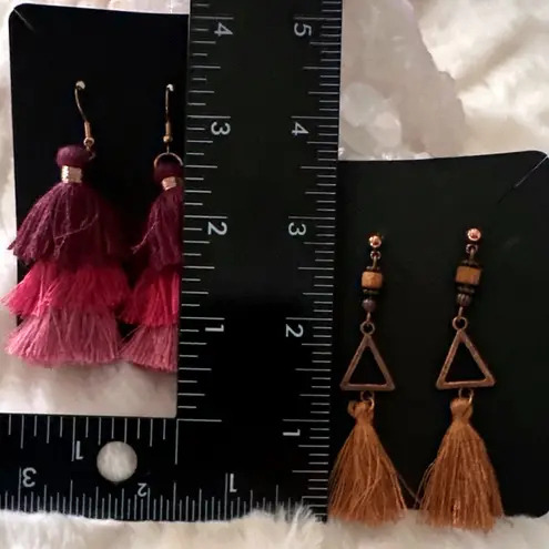 Tiered Tassel Drop Boho Earrings Ombre Pink Purple Brown Triangles Set 2 Pair