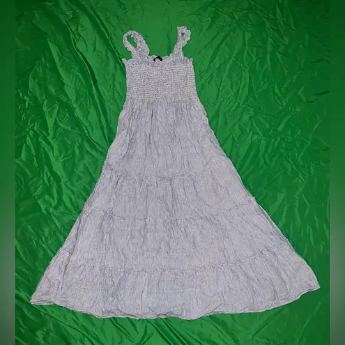 Quince 100% European Linen Smocked Midi Dress Navy Blue & White Fabric sz Small