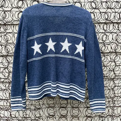 Y2K Christopher & Banks Knit Cardigan Sweater Stars Stripes Blue White MEDIUM