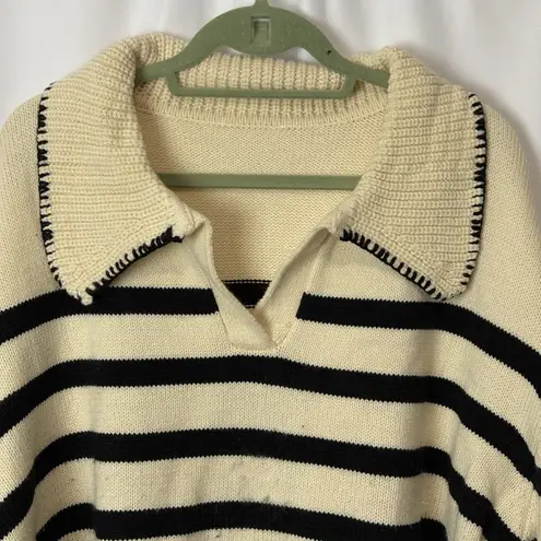 Unbranded Women’s Collared Polo Sweater Cream & Navy Stripe 2XL Nautical Boho Blue Size 2X