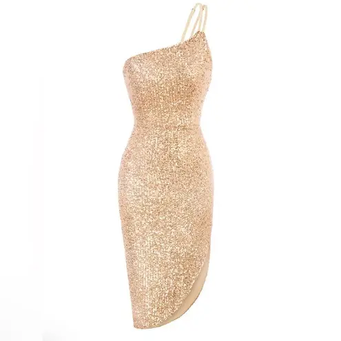 NWT Kate Kasin Sequin Glitter Party Dress One Shoulder Spaghetti Straps Size XL Gold