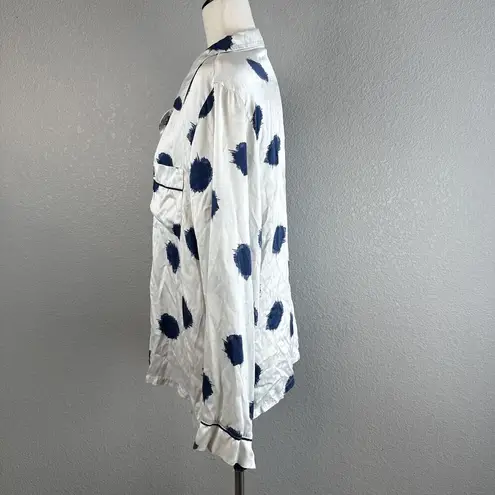 Eberjay Eberjey Women Button Up Long Sleeve Pajama Top Size XL White Blue Polka Dot Silk