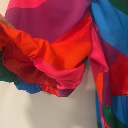 Skies Are Blue Bold Colorful Tiered Maxi Dress Puff Sleeve faux wrap size XS