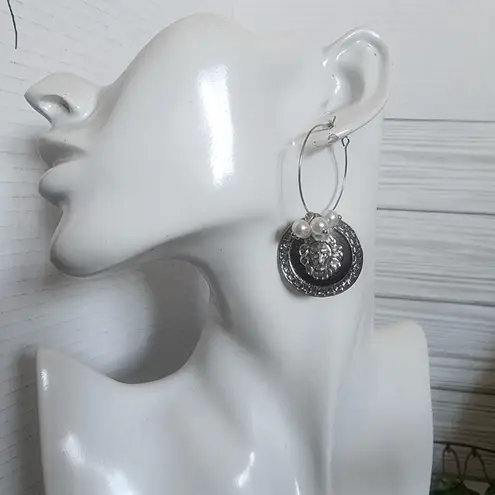 Silver Lion Head with Greek Key Design Drop Earrings