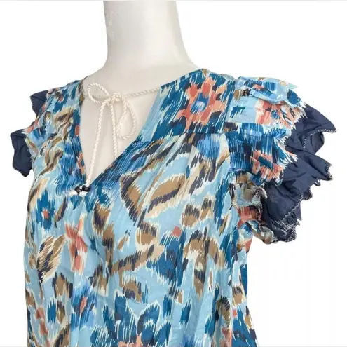 House of Harlow 1960 Zoey Blue Ruffle Cap Short Sleeve Blouse Top Small MSRP $88