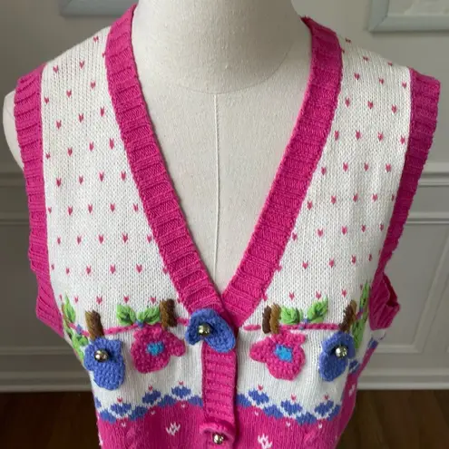 Quacker Factory Vintage Button Front Sweater Vest Novelty Mitten Knit Pink S
