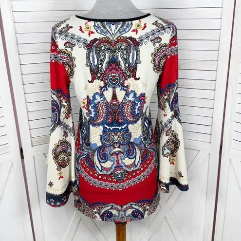 Melissa Paige Paisley Damask Print Bell Sleeve Knit Tunic Top Red Cream Small