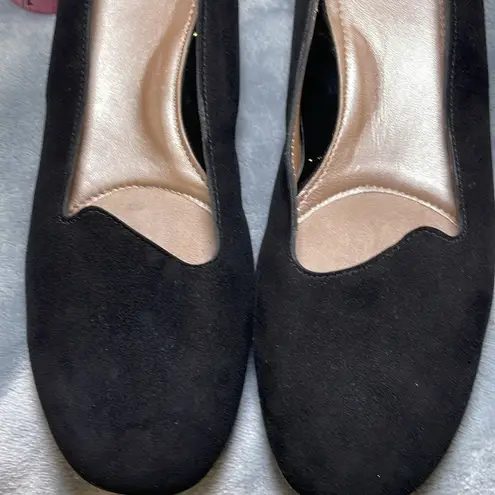 Harlon black suede comfort insole glitter crystal sparkle low heel slip on flat Size 9.5