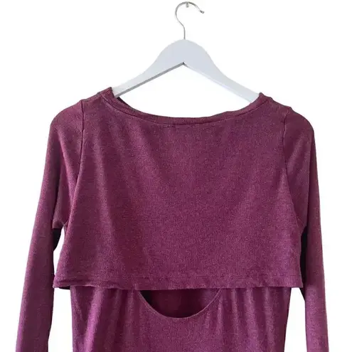 Heather Modal Trendy Burgundy Knit High Low Front Wrap Pleated Crewneck SZ S Purple