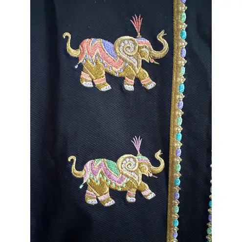 Bob Mackie wearable art black coat embroidered Elephants gold logo buttons large