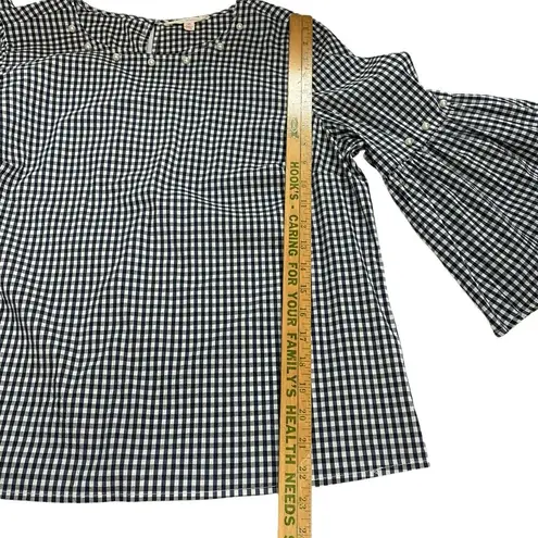Grand & Greene Womens Navy and White Checkered Bell Sleeve Pearl Accent Top Sz M Blue Size M