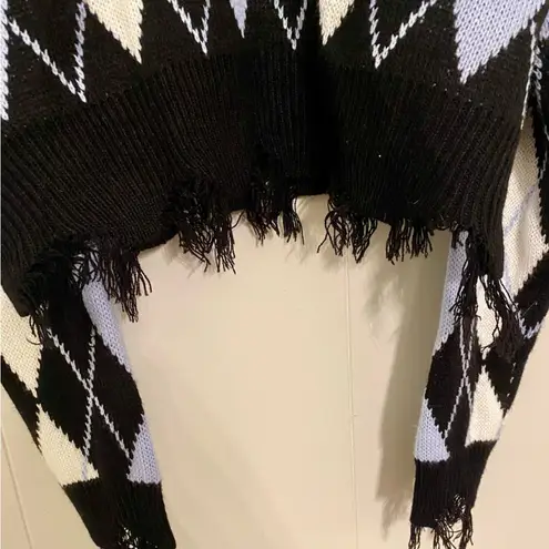 Just Polly Cropped Argyle Sweater Distressed Frayed Dark Academia Grunge Medium Blue