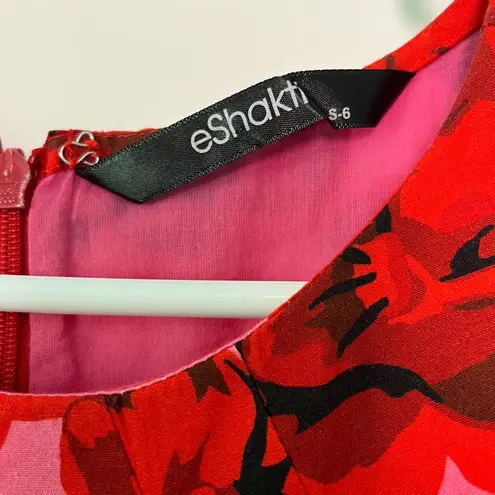 Eshakti pink red floral midi dress size small / 6 smocked full skirt feminine