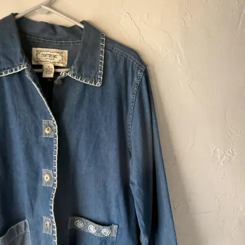 Tantrums Jacket Vintage Medium Denim Embroidered Lace Boho Button Up Cottage Blue