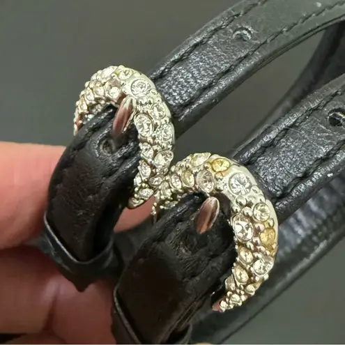 Swavorski SWAROVSKI Swan Signed Crystal Rhinestones Leather Buckle Wide Cuff Bracelet 24g.