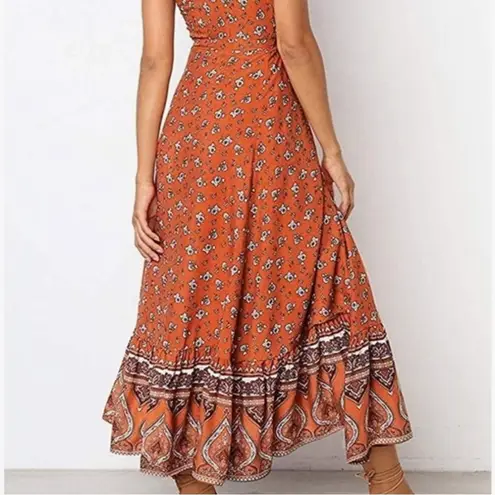 Medium Fall Maxi Dress Long Boho Medium Wrap Dress Cottage Prairie Orange Dress