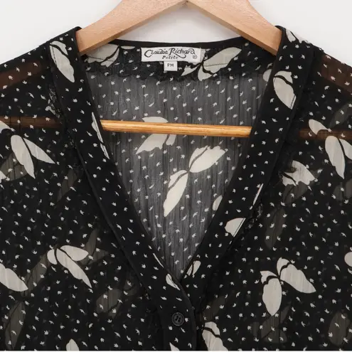 Vintage Claudia Richard Black Sheer Butterfly Print Button Top Fairy Y2K Size PM