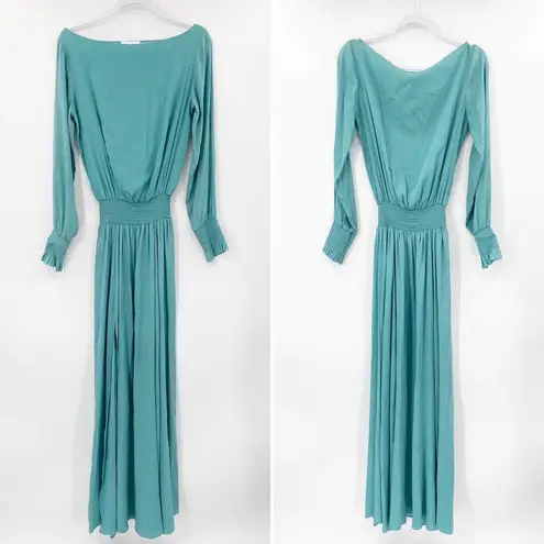 Alexie Clemence Dusty Aqua Blue Long Sleeve Smocked Silk Maxi Dress Size S