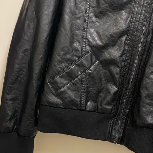 Cali 1850 Womens LA Faux Black Leather Jacket L & Attached Gray Fleece Hoodie