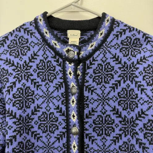 Vintage LL Bean Purple Nordic Snowflakes Button Wool Cardigan Sweater Size SMALL