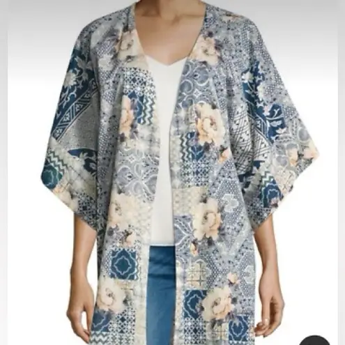 Johnny Was Laite Kimono Silk Top Blue Floral Oversized Medium