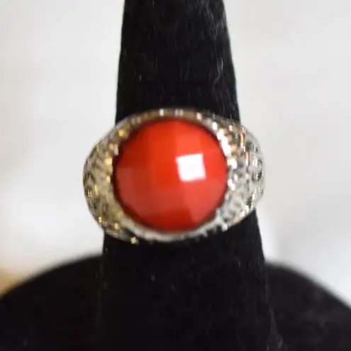 Source Unknown NWOT Lt. Pumpkin Orange Inset Glass Stone Etched Silver Tone Szs 5-6 & 8 Rings