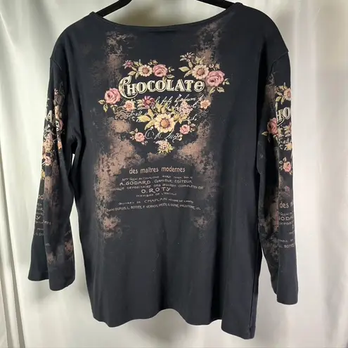Katina Marie Floral Chocolate Rhinestone Print Long Sleeve Top Womens L USA Made Black Size L