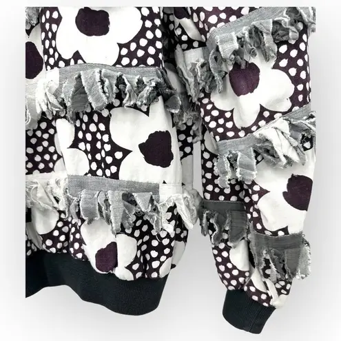 Vintage Paula Sweet Fringe Ruffle Flower Print Black White Bomber Jacket Size L