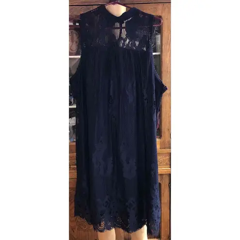 Maurice Navy Blue Lace overlay sheer at High Neck Sleeveless Dress XL