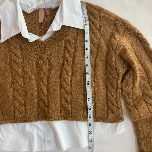 Pilcro Anthropologie Tan Cropped Cable-Knit Twofer Long Sleeve V-Neck Sweater