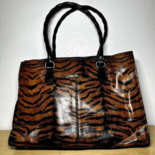 Patricia Nash Primrose Satchel Leather Adjustable Strap Tassel Fox Tiger Brown