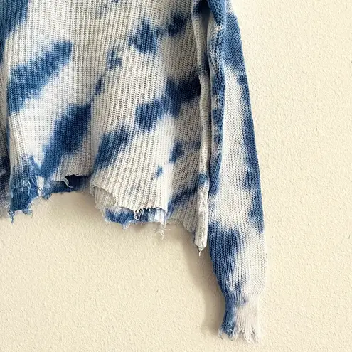 No Comment Cropped Blue White Tie Dye V-Neck Distressed Pullover Sweater Small