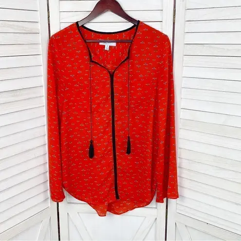 Libby Edelman Bumble Bee Blouse Red Black Medium Long Bell Sleeve
