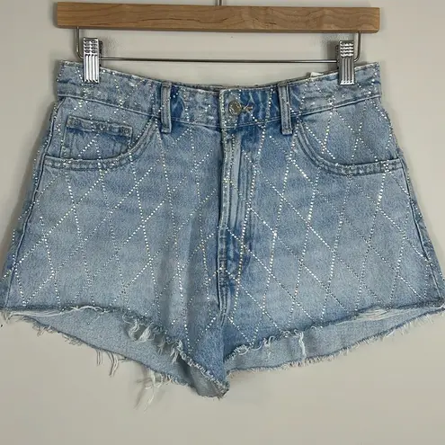 ZARA  Rhinestone High Rise Curved Light Blue Denim Shorts Size 6 or 28