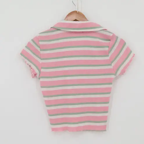 Y2K Preppy Polo Crop Top Pink Green Striped Ribbed 90s Soft Girl Pastel Size L Size L