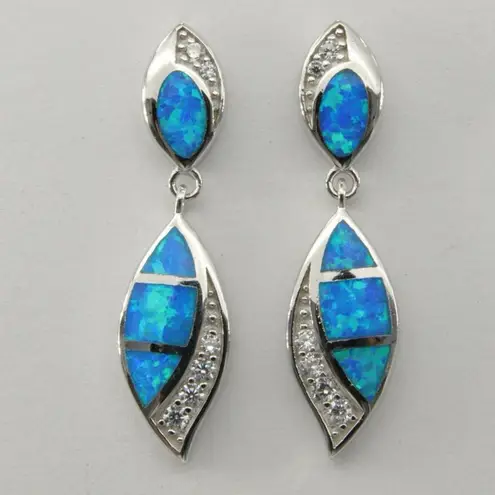 Boutique Blue - Drop / Dangle - FIRE OPAL & CZ - Post Earrings in 925 Sterling Silver
