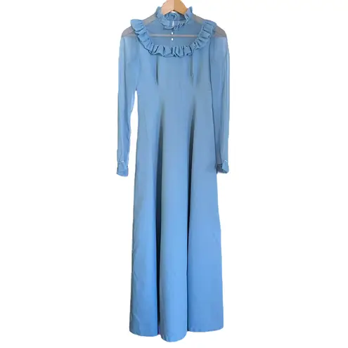 Vintage Dusty Blue Ruffle Collar Prairie Maxi Dress - 1960s Cottagecore Gown