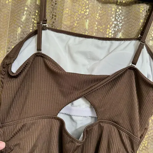 Women's Brown Ribbed One Piece Ruched Side Tie Swimsuit Med NWOT Size L