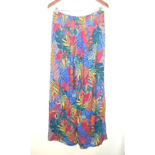 Kona Sol Leaf Print Multicolor Smocked Waist Side Slit Flowy Beach Pants Boho M