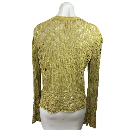 J.Jill  Gold Open Knit Crochet V-Neck Button Up Long Sleeve Cardigan Sweater Sz M