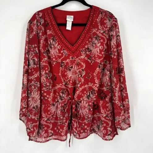 Fashion Bug Vintage Y2K Floral Beaded Bandana Print Tie Waist Blouse Sheer 2X