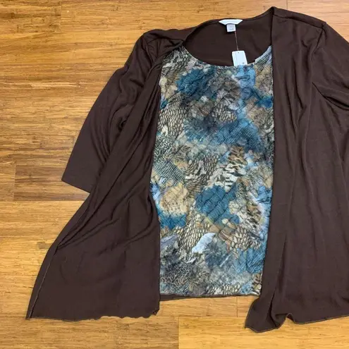 cj banks Cardigan Top Womens 2X Brown Blue Ruffle Scoop Neck 3/4 Sleeve Workwear