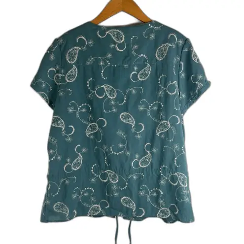 Christopher & Banks  Teal Embroidered Button‎ Front Drawstring Waist Top Sz LG