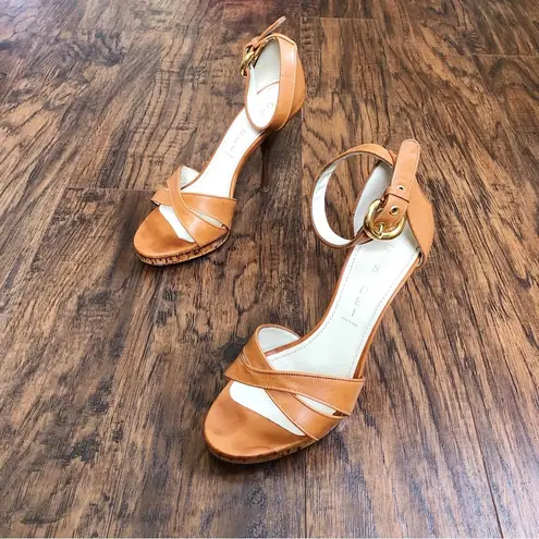 Casadei • platform stiletto sandals heels cognac brown leather cross ankle strap