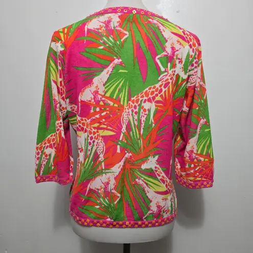 BELLEPOINTE Women's Giraffe Tropical Print 3/4 Sleeve Sweater Top M Pink Size M