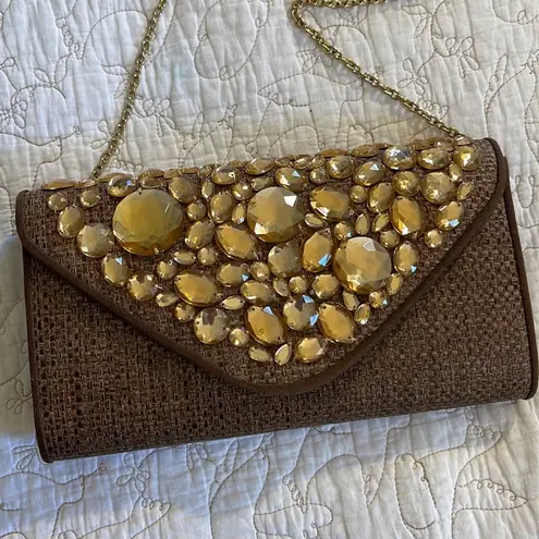 Big Buddha Clutch Brown Rhinestone Embellished Chain Link Strap New