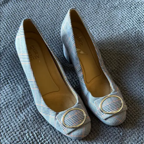 Naturalizer Plaid Block Heel Pumps Size 9W Round Toe Shoes Buckle Office