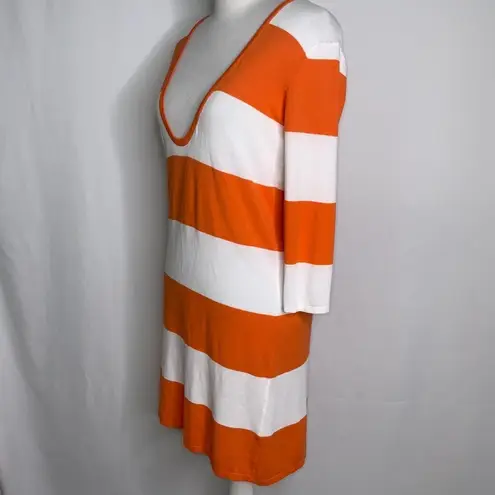 Tommy Bahama  Orange White Striped Deep Plunge V Tunic Stretch Knit Top Small