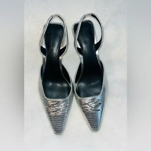 Karl Lagerfeld Aline Silver Leather Slingback Heels sz 7.5